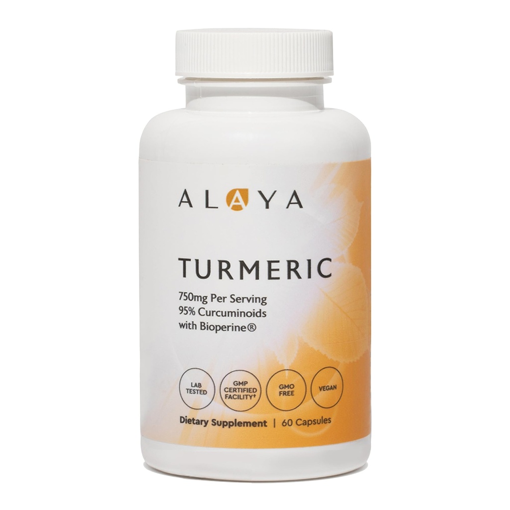 Alaya Naturals Turmeric Curcumin Supplement with BioPerine – 750 mg Per Service,% 95 Curcumin Extract Turmeric Capsules for Joint Comfort, Mobility & Abxia – Non-GMO, Vegan, Lab Tested