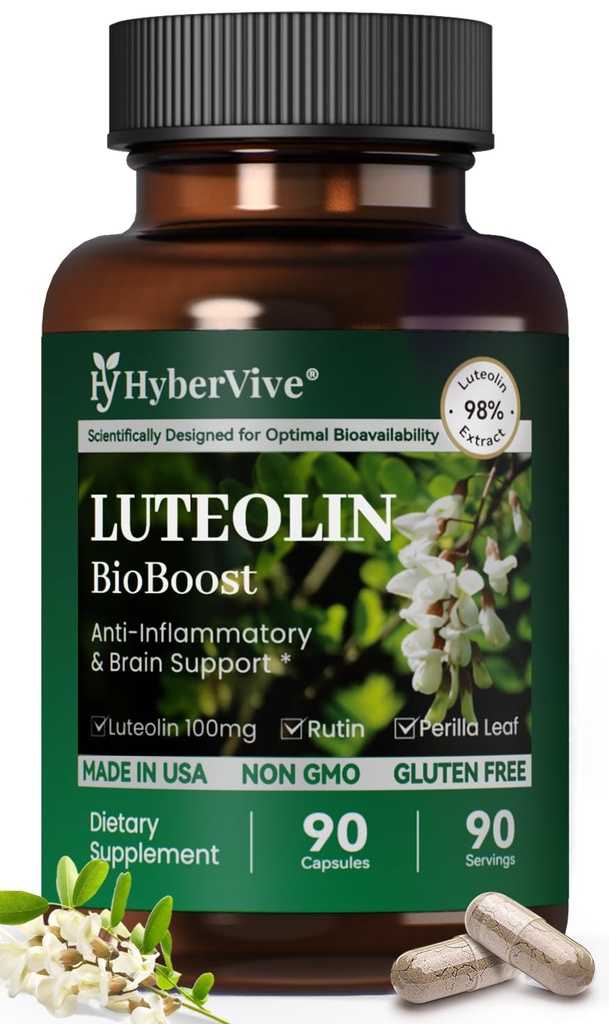 Luteolin Supplement, 98% Ultra-Purity Luteolin Extract – Plant-Based Flavonoid Supplement for Brain Health, Immune Support & Inflammatory Balance – Made in USA, 90 Vegan Capsules