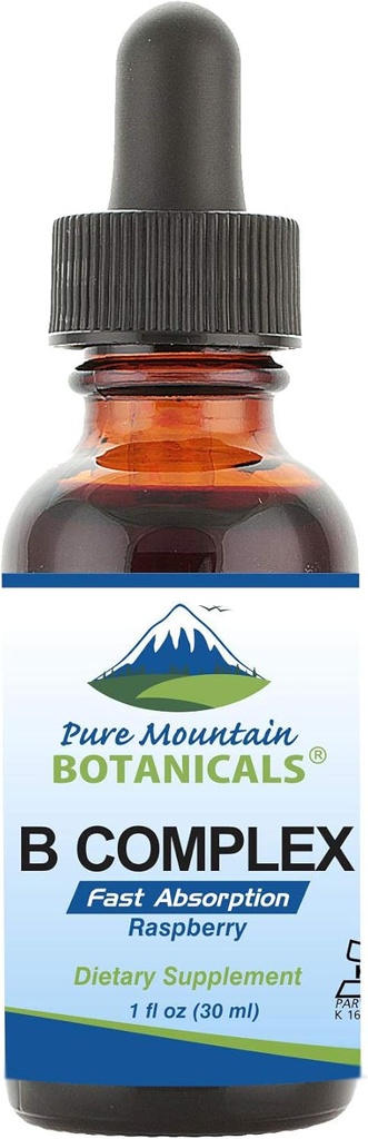 Saf Dağ Botanikleri B Kompleksi - Raspberry Flavor Kosher B Kompleksi B12, B6, Thiamin, Biotin, Niacin - 1oz Şişe