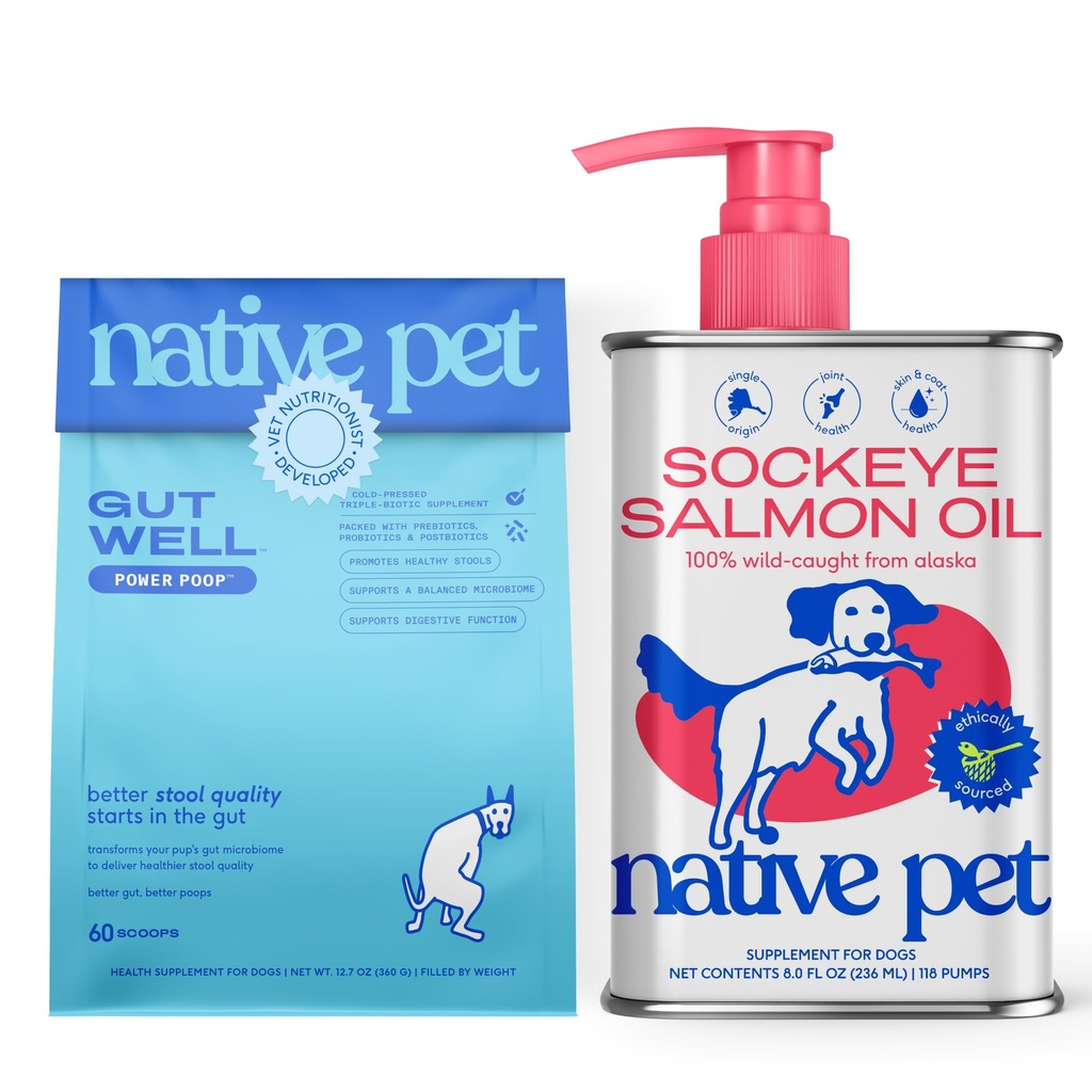 Native Pet Healthy Belly, Shiny Coat Bundle: 60 Scoops GutWell Power Poop - Digestive Enzymes & Fiber for Dogs & 8 Oz. Salmon Oil for Dogs & Cats – Pure Omega-3 Fish Oil for Overall Health