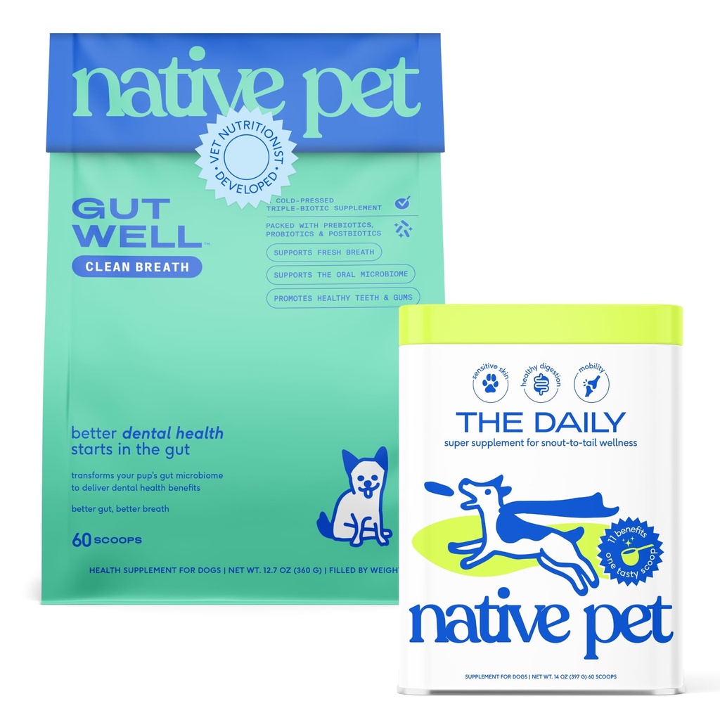 Native Pet Fresh Breath & Multivitamin Bundle: GutWell Clean Breath - Dog Breath Freshener & Dog Vitamins & Supplements - 11-in-1 Multivitamin Powder Food Topper for Overall Health - 60 Scoops