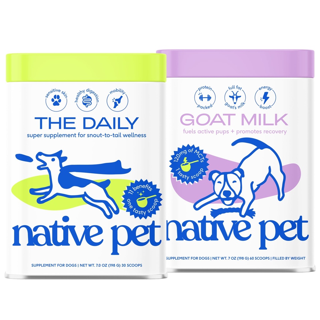 Native Pet The Daily Dog Supplement (30 Scoops) and Goat Milk Powder for Dogs and Cats (60 Scoops).- 11-in-1 Multivitamin and Food Topper to Support a Healthy Digestive System