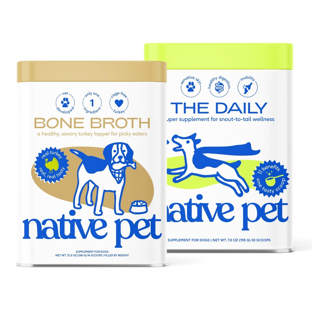 Native Pet Full-Body Wellness Duo: Turkey Bone Broth Powder for Dogs (96 Servings) & Daily Dog Multivitamin (30 Scoops) - Daily 11-in-1 Multivitamin and Pet Gravy Food Topper for Picky Eaters
