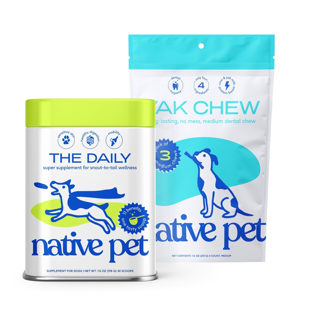 Native Pet The Daily Dog Vitamins & Supplements (30 Scoops) & Yak Chews (3 Medium Chews) - All Natural Dental Stick Made with Yak Cheese for Aggressive Chewers & 11-in-1 Multivitamin for Dogs