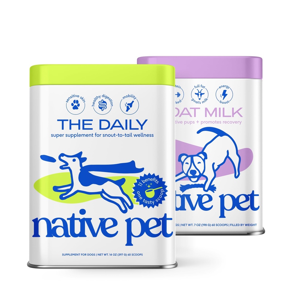 Native Pet The Daily Dog Supplement (60 Scoops) and Goat Milk Powder for Dogs and Cats (60 Scoops) - 11 in 1 Multivitamin and Food Topper to Support a Healthy Digestive System