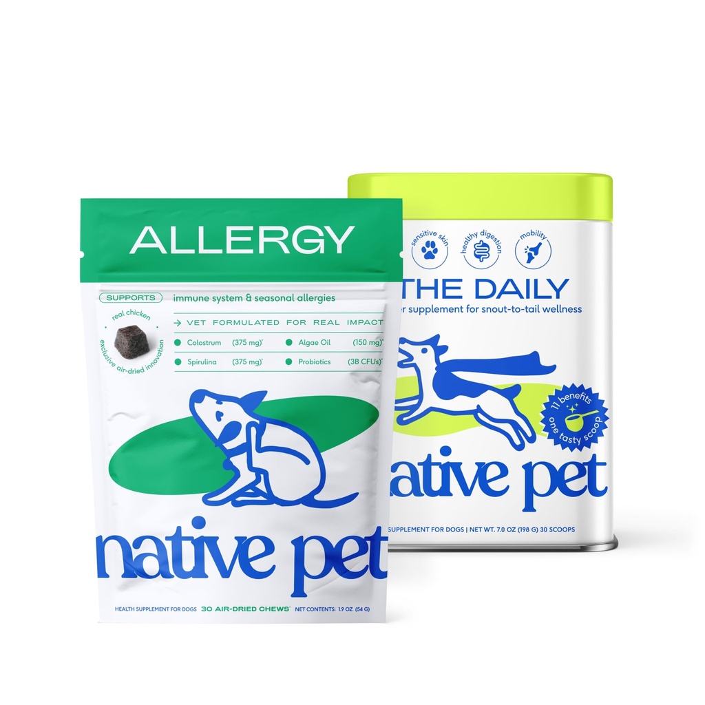 Native Pet Allergy Chews for Dogs (30 Air-Dried Chews) & Daily Dog Vitamins & Supplements (7 Oz.) - Itching Relief for Dogs & 11-in-1 Multivitamin with 21 Supplements & Vitamins