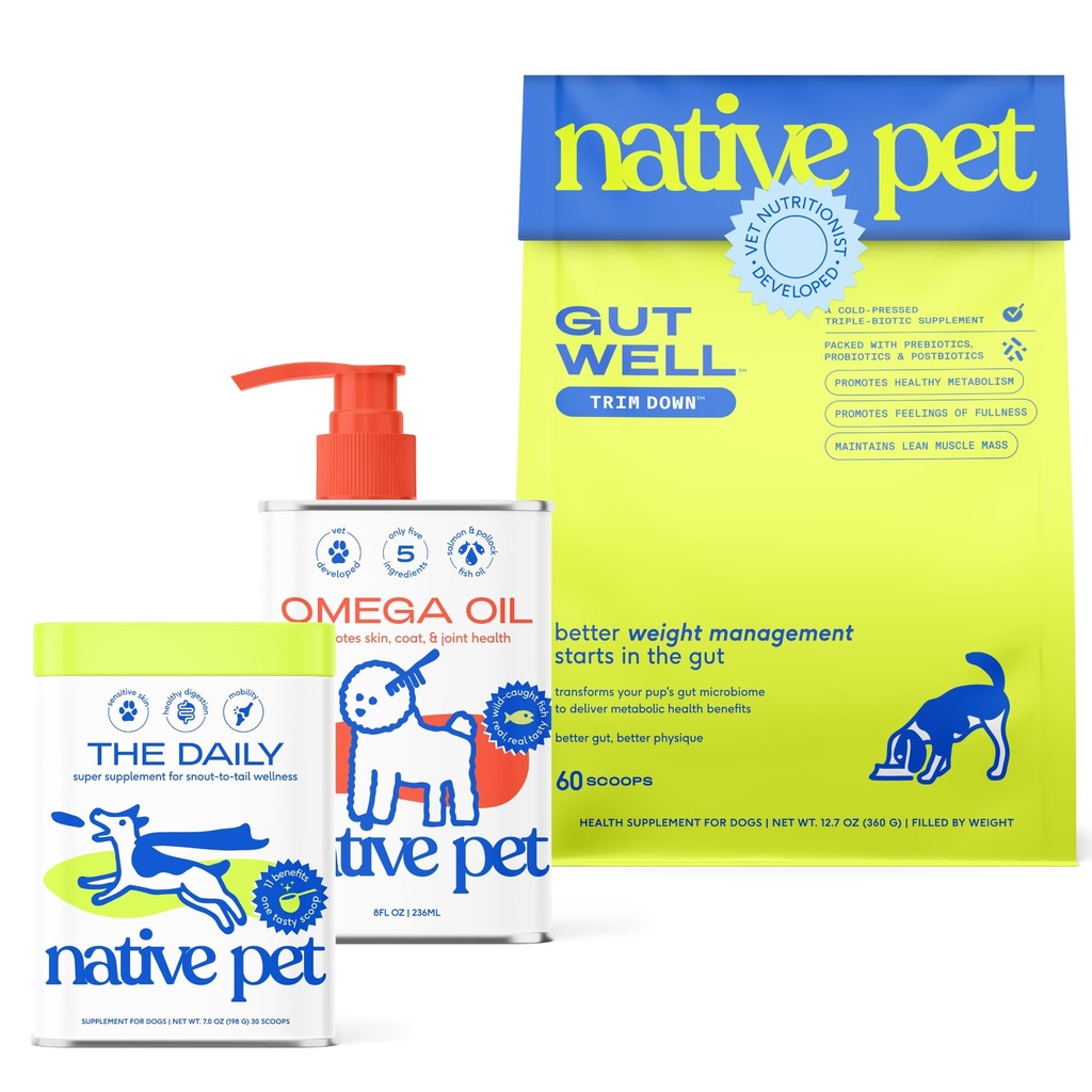 Native Pet Slim & Wellness Trio: 60 Scoops GutWell Trim Down Dog Weight Loss Supplement, 30 Scoops 11-in-1 Vitamins & Supplements & 8 Oz Omega 3 Fish Oil for Dogs & Cats
