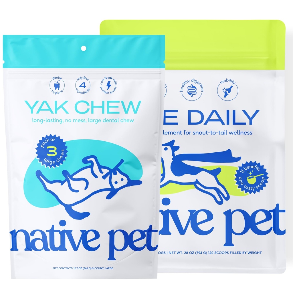 Native Pet The Daily Dog Vitamins & Supplements (120 Scoops) & Yak Chews (3 Large Chews) - All Natural Dental Stick Made with Yak Cheese for Aggressive Chewers & 11-in-1 Multivitamin for Dogs