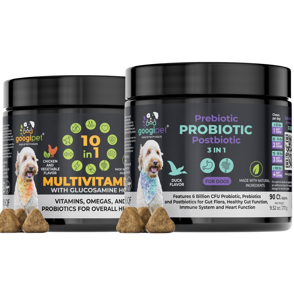 Googipet 2 Pack Bundle - 3 in 1 Probiotics for Dogs + 10 in 1 Multivitamin for Dogs (180 Vitamins)