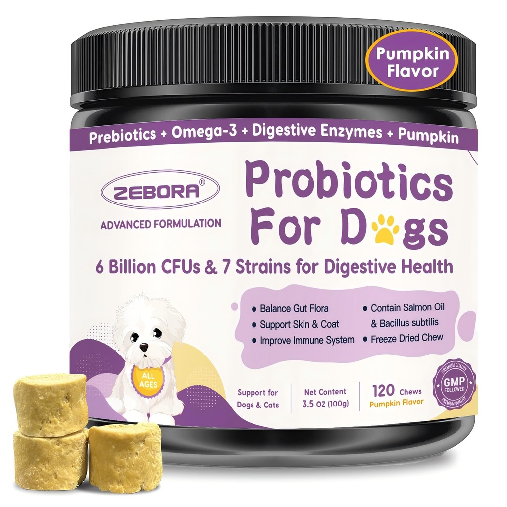 ZEBORA Probiotics for Dogs, Dog Probiotics for Digestive Health, with Pumpkin, Digestive Enzymes, Omega-3, Support Gut, Immune Health, Upset Stomach Relief, Occasional Diarrhea, 120 Freeze Dried Chews