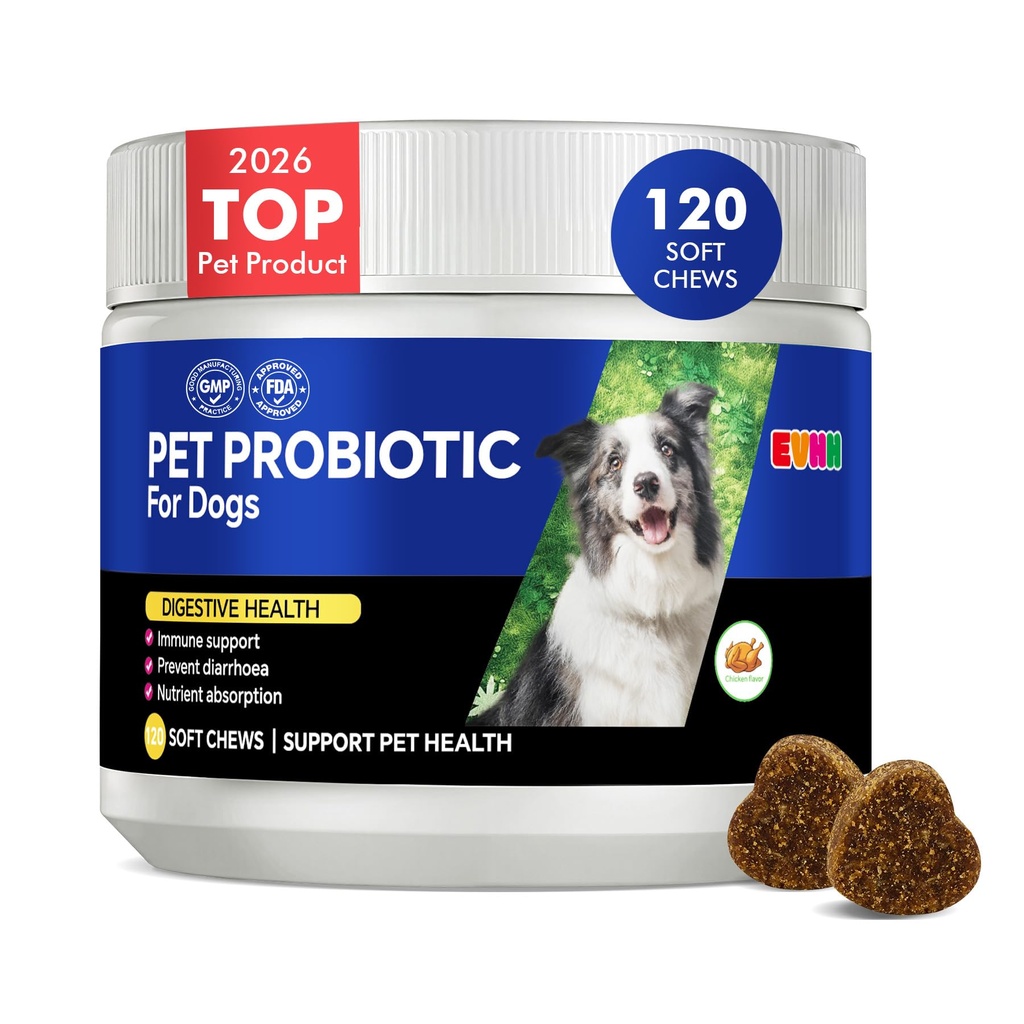 Probiotics for Dogs with Digestive Enzymes & Prebiotics - Diarrhoea Relief, Gut Health Support, Immune & Anti-Itch Function, Chicken Flavor, 120 Chews