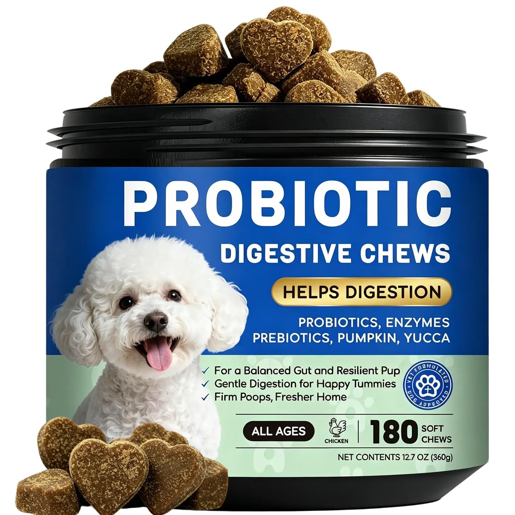 Probiotics for Dogs: 10B CFU Digestive Health Soft Chews with Prebiotics, Enzymes & Pumpkin - for Small & Large Dogs, Stool, Gut, Immune Support - Chicken, 180ct