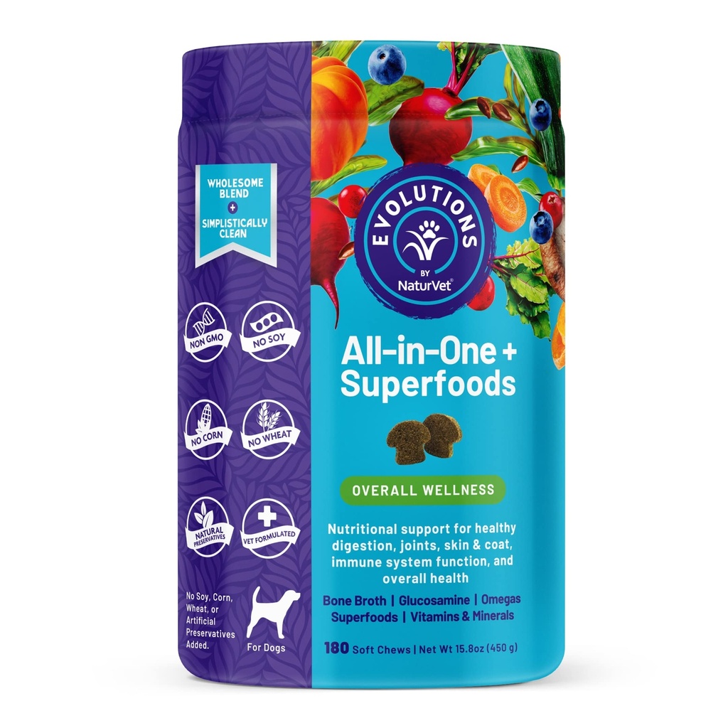 NaturVet Evolutions All-in-One + Superfoods 180ct Soft Chews for Dogs - Bone Broth, Superfoods Provides Nutritional Support for Healthy Digestion, Joints, Skin & Coat, Immune System, Overall Health