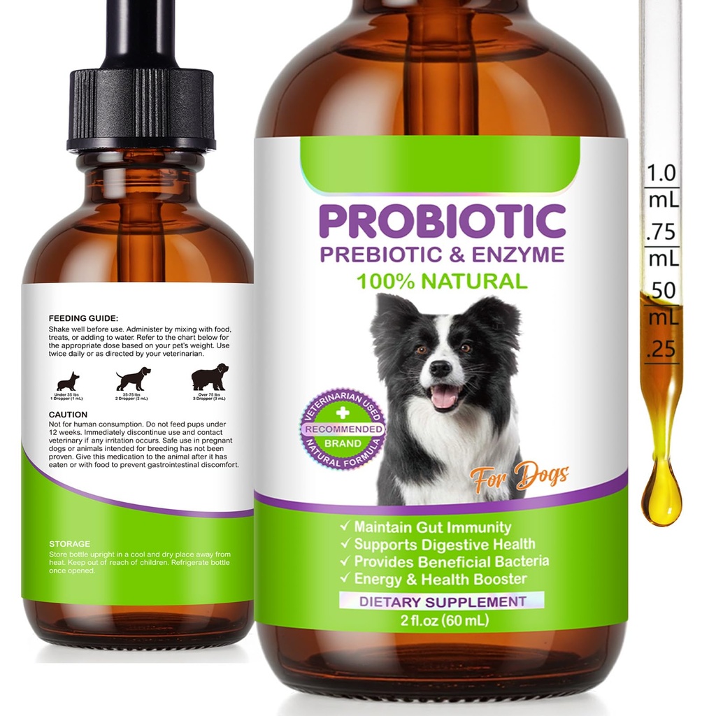 Dog Probiotic, Liquid Probiotics for Dogs, Prebiotic & Digestive Enzymes, Dogs Probiotics Supplement Help Digestive Health, Immune Support, Diarrhea Relief, Dog Herbal Supplements 60ml