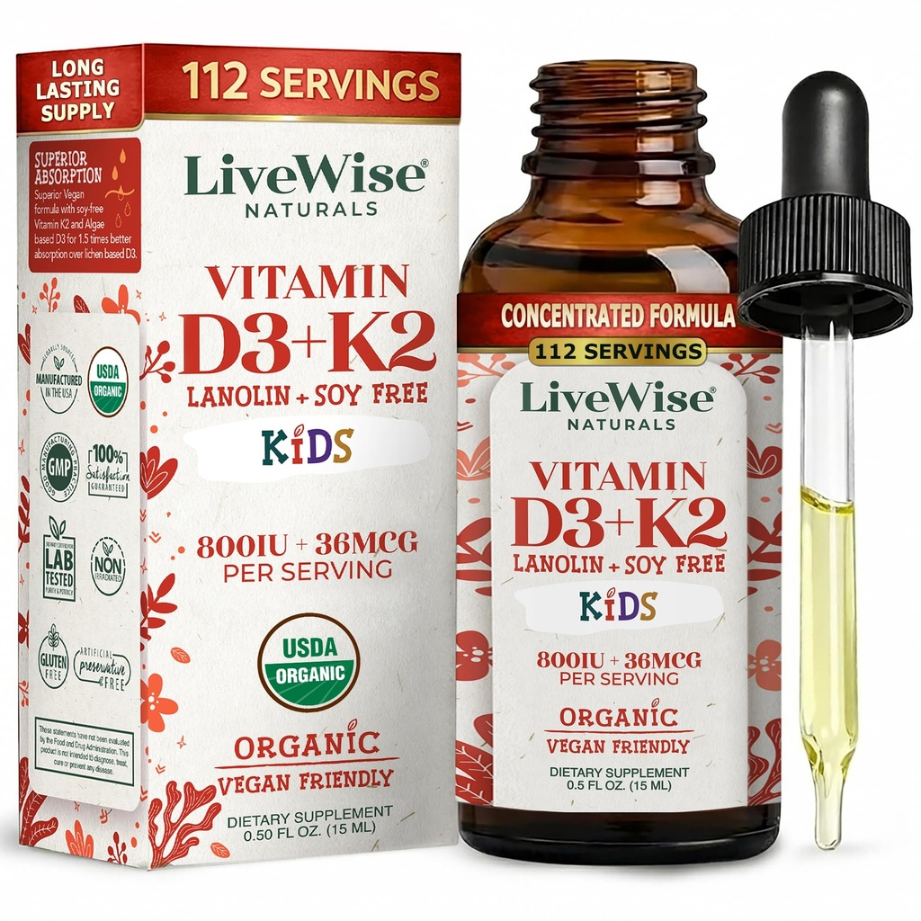 Live Wise Naturals Vitamin D3 K2 Kids Liquid Drops - 112 Servings, Ultra Concentrated Formulation, Fast Absorption 800 IU & 35 MCG for Calcium & Bone Support - Daily Nutritional Support Parents Trust