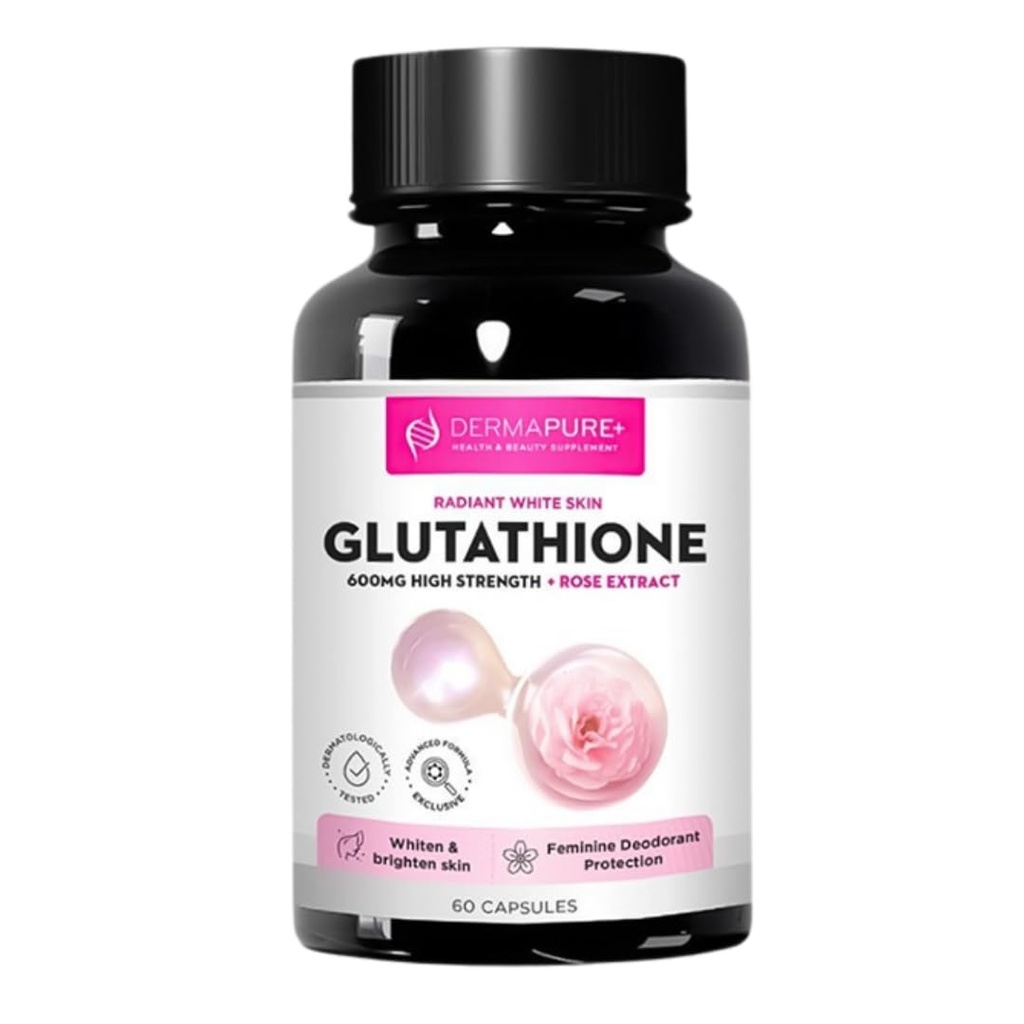 Dermapure Glutathione Whitening Pills 2-in-1, 600mg with Rose Oil Extract – Skin Lightening & Deodorant Supplement - Dark Spots, Acne Scars & Hyperpigmentation – Made in USA, 60 Capsules (1 Pack)