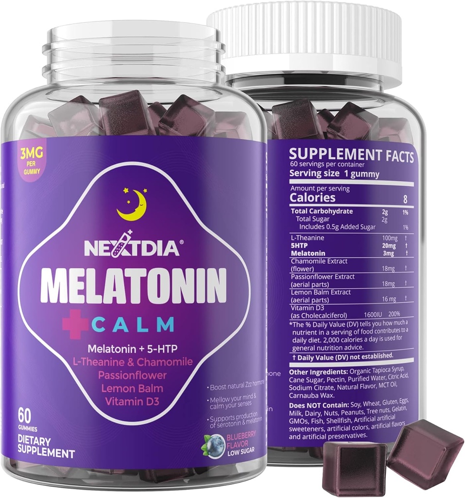 Melatonin Gummies 3 mg 5 mg 1mg - Sağlıklı Calm Çevrim Desteği 5HTP, L-Theanine, Lemon Balm, Chamomile, Passion Flower, D3 for Immune Support - Low Sugar, Gelatin Free, Vegan - 60 Counts