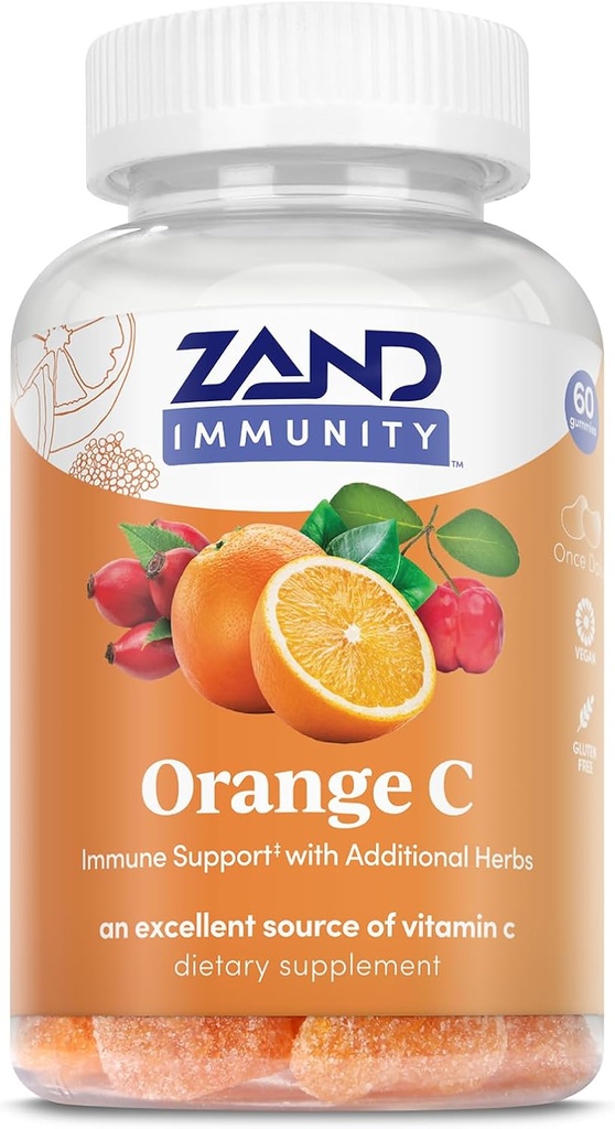 ZAND Immunity Orange Vitamin C Gummies, Wellness ve Immune Support Supplement, Chewable Vitamin C w/Citrus Bioflavonoids, Rose HIPS ve Acerola, Vegan, Gluten Free, 60 Günlük Garanti, 30 Hizmet
