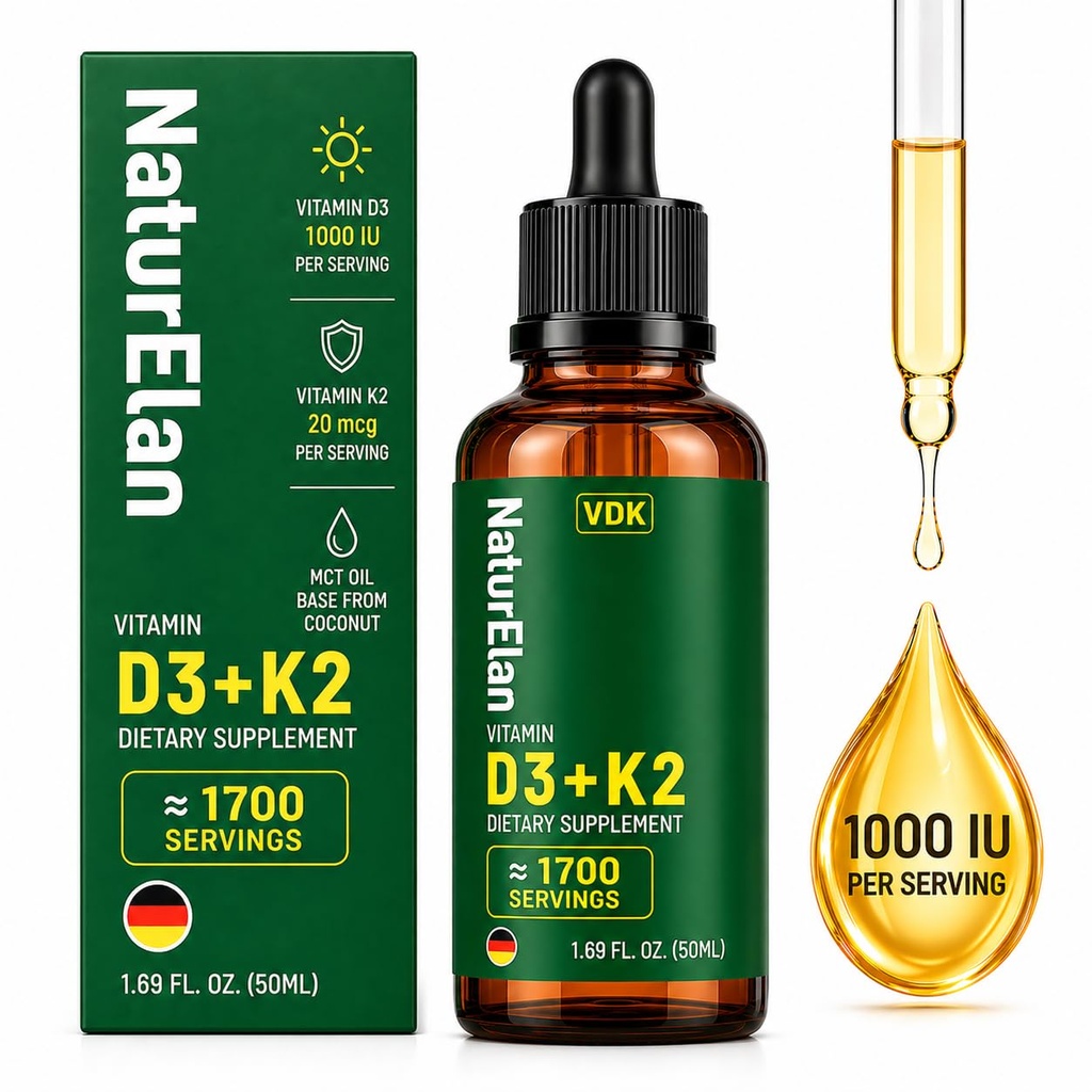 Vitamin D3 K2 Drops with MCT Oil - 1000 IU Vitamin D + 20mcg K2(MK-7), 1.69 Fl Oz(1700 Servings), Supports Bone, Immune, Heart & Teeth Health, Third-Party Tested, Vegan, Non-GMO, Gluten Free