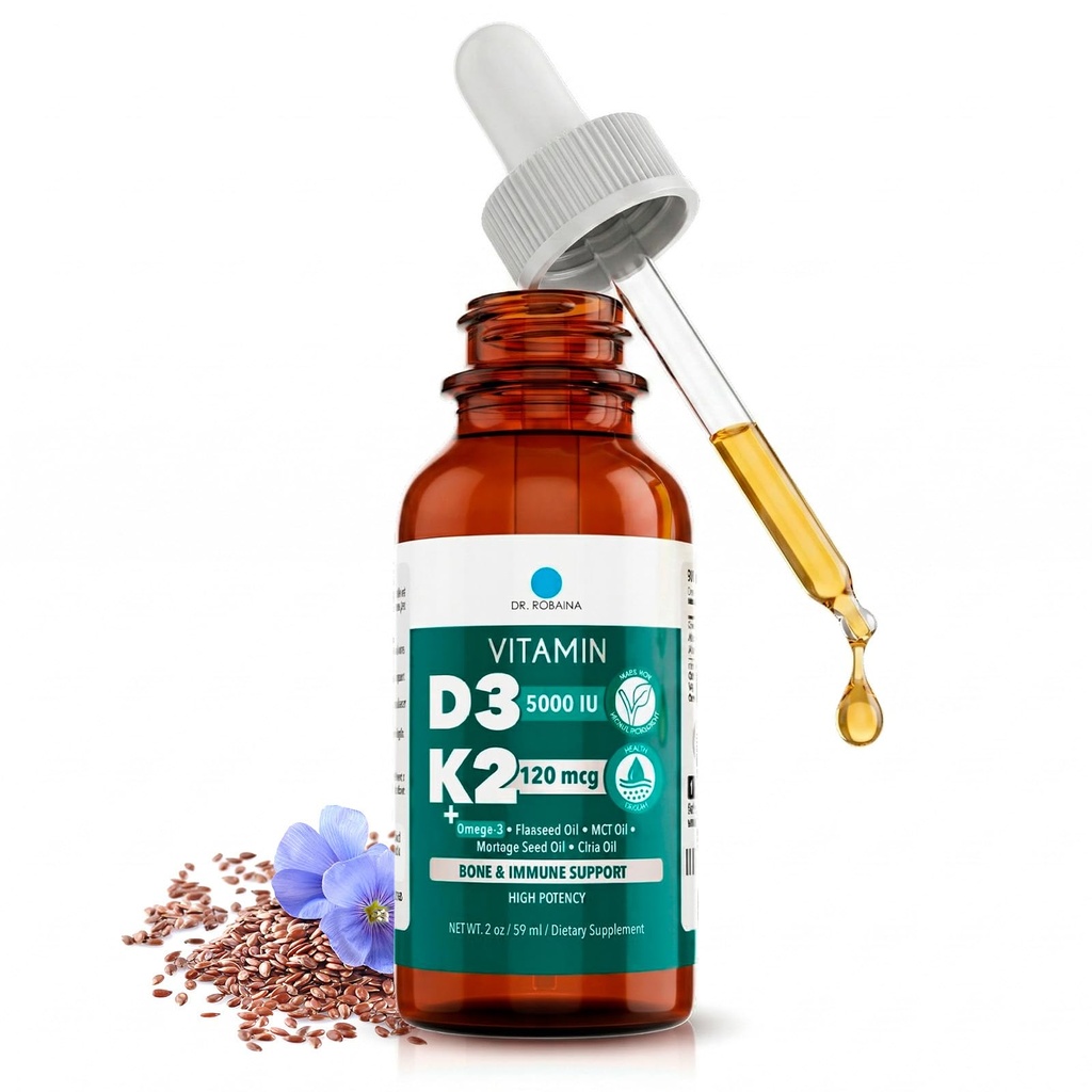 Dr. Robaina Vitamin D3 + K2 Drops – Vegan MCT Oil Liquid Supplement, 5000 IU D3 & 120 mcg MK-7, Sublingual Daily Vitamin D and K