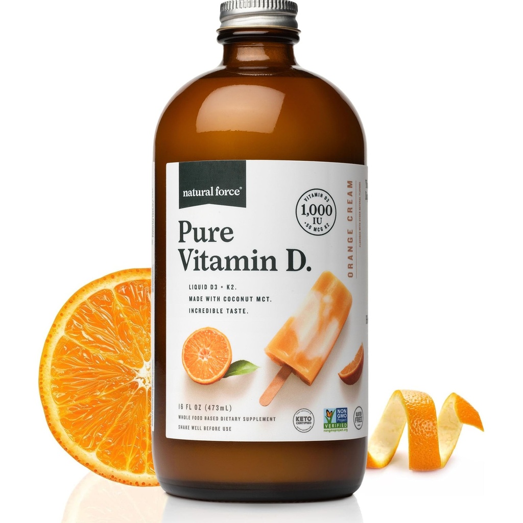 Natural Force Pure Vitamin D – Liquid D3 & K2 with Coconut MCT –1,000 IU, Immunity & Nutrient Absorption Booster- Vegan - Orange Cream, 16 fl oz