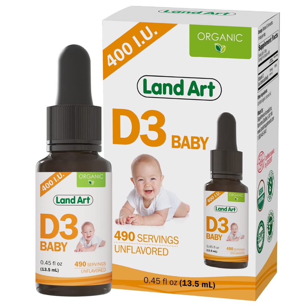Land Art - sertifikalı Organik Vitamin D3 Drops Baby - 400 I per Drop - 490 Hizmet - Bebekler ve Toddler için D Drops - GMO-Free - Gluten-Free - 0.45 fl oz