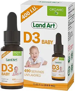 Land Art - sertifikalı Organik Vitamin D3 Drops Baby - 400 I per Drop - 490 Hizmet - Bebekler ve Toddler için D Drops - GMO-Free - Gluten-Free - 0.45 fl oz