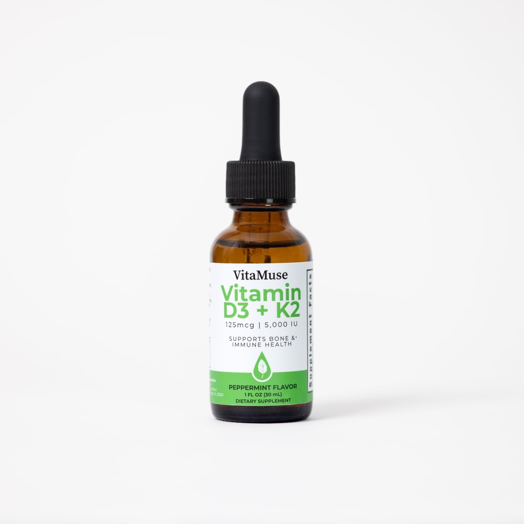Vitamin D3 + K2 Drops, 5000 IU D3, 100 mcg K2 MK-7, Peppermint Flavor, Liquid Tincture with Organic Oils, Non-GMO, Gluten-Free, 1 fl oz
