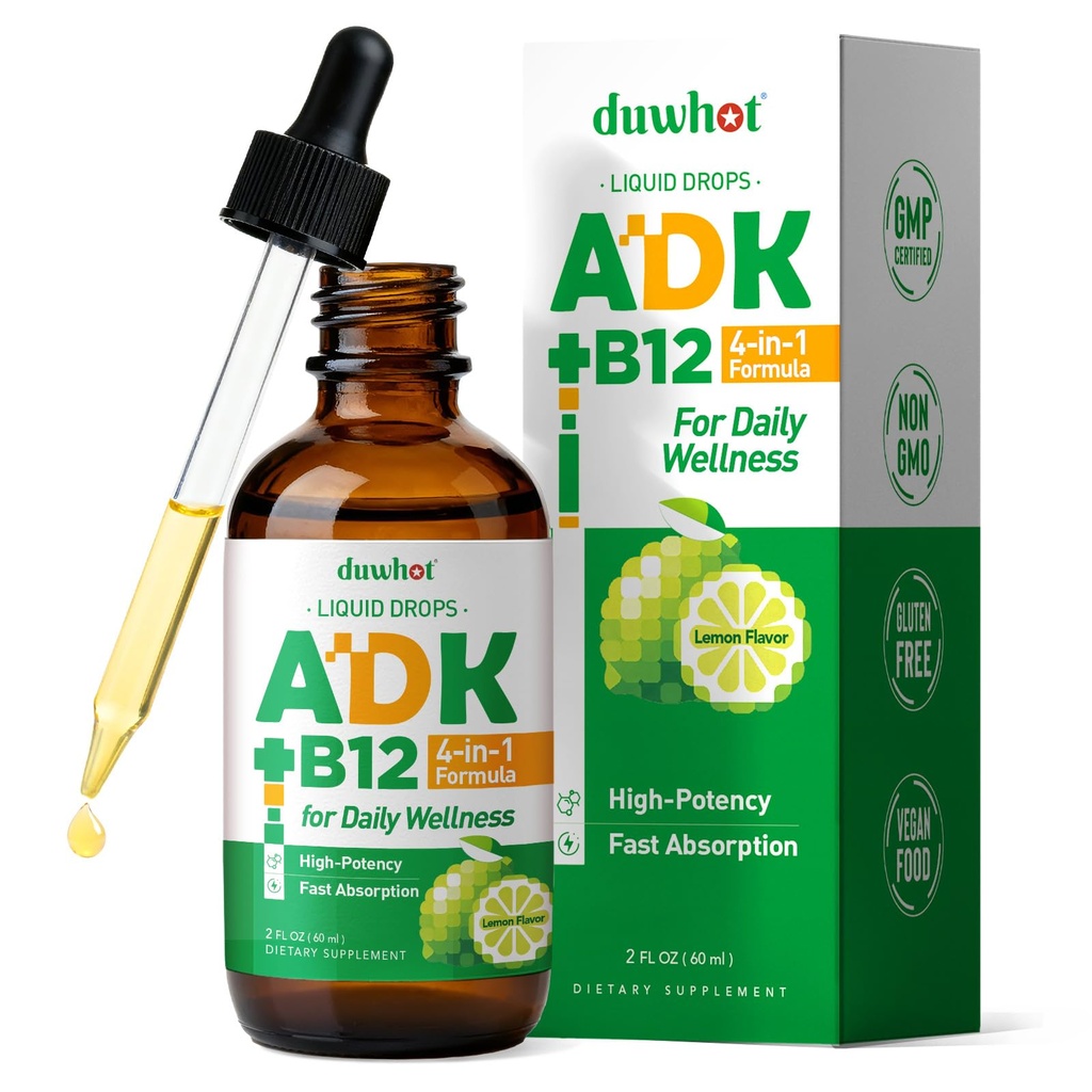 duwhot ADK + Vitamin B12 Liquid Drops, High Potency Vitamin A D3 K2 5000 IU / 10000 IU, B12 1000 mcg Supplement for Adults, Bone, Calcium Absorption, Heart, Immune Support, 2 Fl Oz
