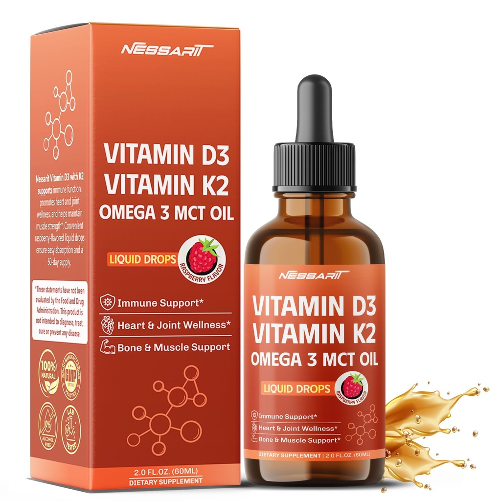 Vitamin D3 10,000 IU & K2 150mcg Liquid Drops with Omega 3 MCT Oil - Immune Support, Heart & Joint Wellness, Bone & Muscle Support - Raspberry Flavor - 2.0 fl oz (60ml)