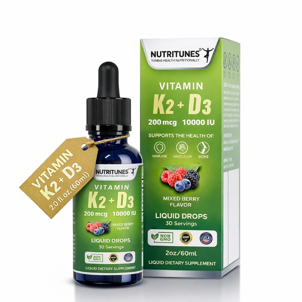 K2 D3 Liquid Drops–Vitamin D3 10,000 IU & Vitamin K2 200 mcg – High-Potency Supplement for Bone, Immune, and Heart Health – Mixed Berry Flavor, Non-GMO, Easy-to-Use – 30 Servings (2oz)