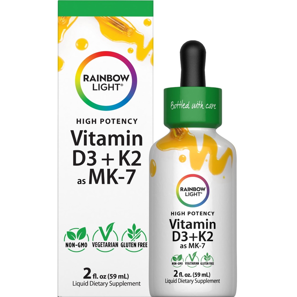 Rainbow Light Vitamin D3 + K2 as MK7 | 2 Fl Oz | 2,000IU Vitamin D | High Potency Formula | Vegetarian, Non-GMO, Gluten Free
