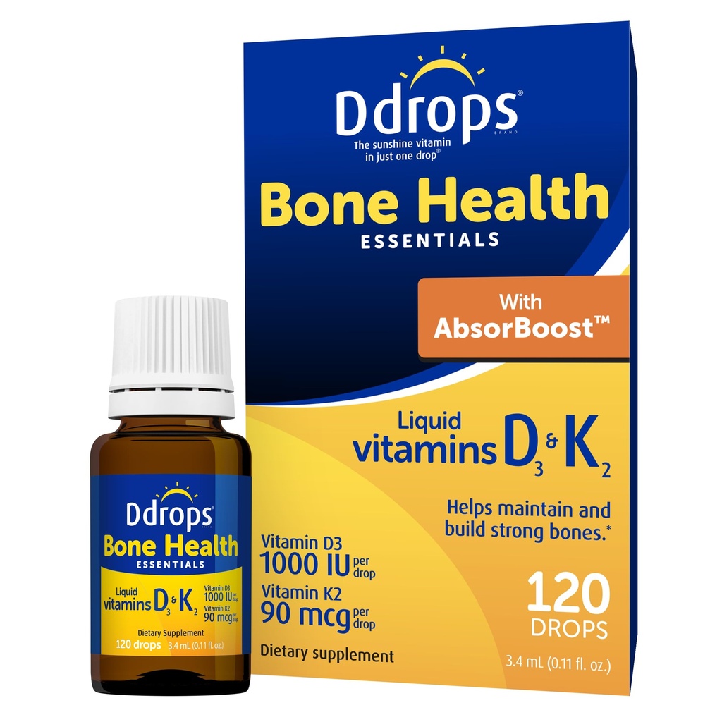 Ddrops Adult Bone Health 1000 IU Vitamin D3 + 90 mcg K2-120 Drops - Helps Maintain and Build Strong Bones and Teeth. No Artificial Preservatives, No Sugar, Non-GMO, Allergy-Friendly