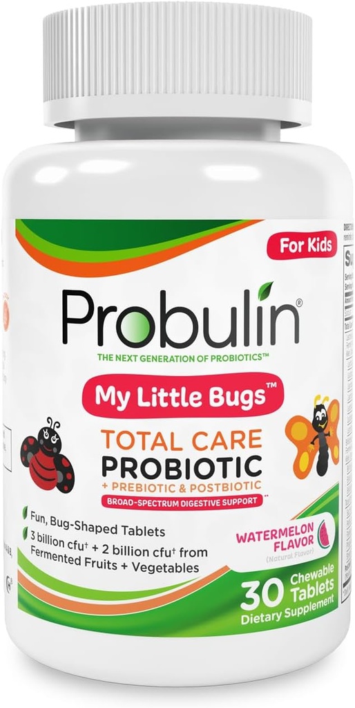 Probulin Total Care Kids Probiotic Chewable Tablets, My Little Bugs Prebiotics, Probiotics, and Postbiotics Chew Supplements, 5 Billion CFU, 15 Strains, 30 Count Bottle