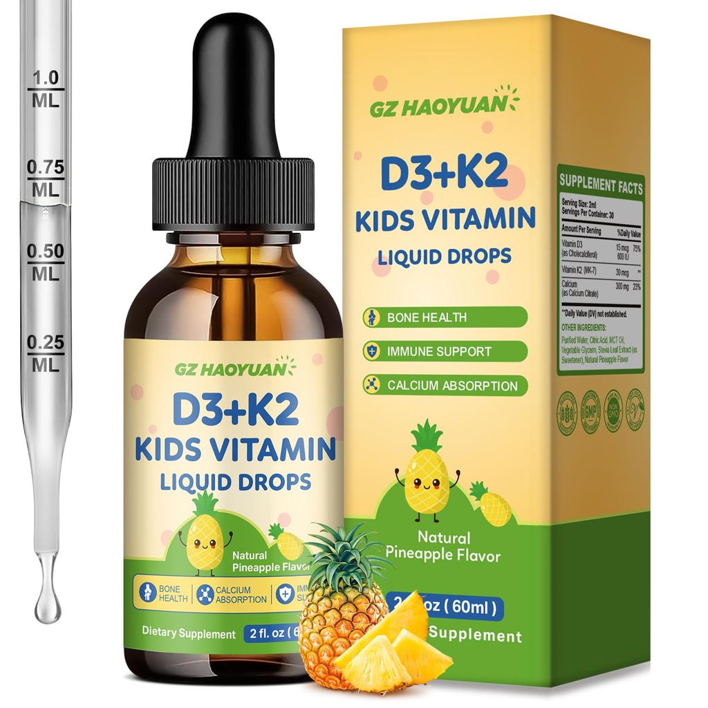 Kids Vitamin D3 K2 Drops, Vitamin D3 K2 (MK-7) Supplement with Calcium for Kids & Adults - Support Healthy Bones & Teeth, Calcium Absorption & Immunity, Sugar Free Pineapple Flavor 2 FL OZ