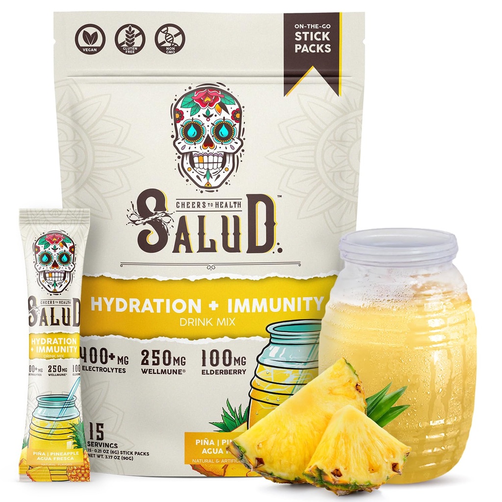 Salud 2in-1 Hydration Packets + Immunity Electrolytes Toz, Pineapple - Agua Fresca Drink Mix, Elderberry, Dairy & Soy Free, Non-GMO, Gluten Free, Vegan, Low Calorie, 1g Sugar (15 hizmet)