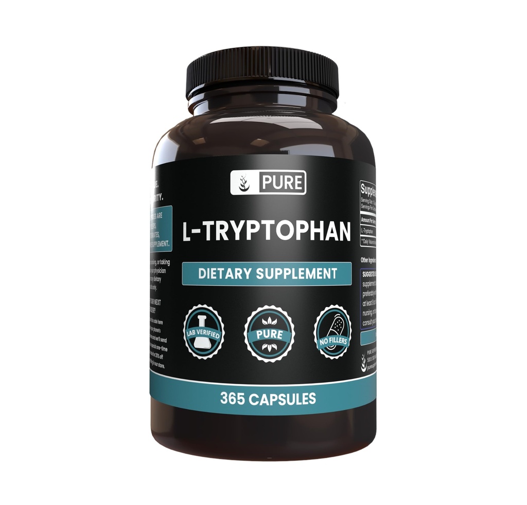 Pure Original Materialss L-Tryptophan (365 Capsules) Noyu Ya da Pirinç, Her Zaman Saf, Lab Onaylandı