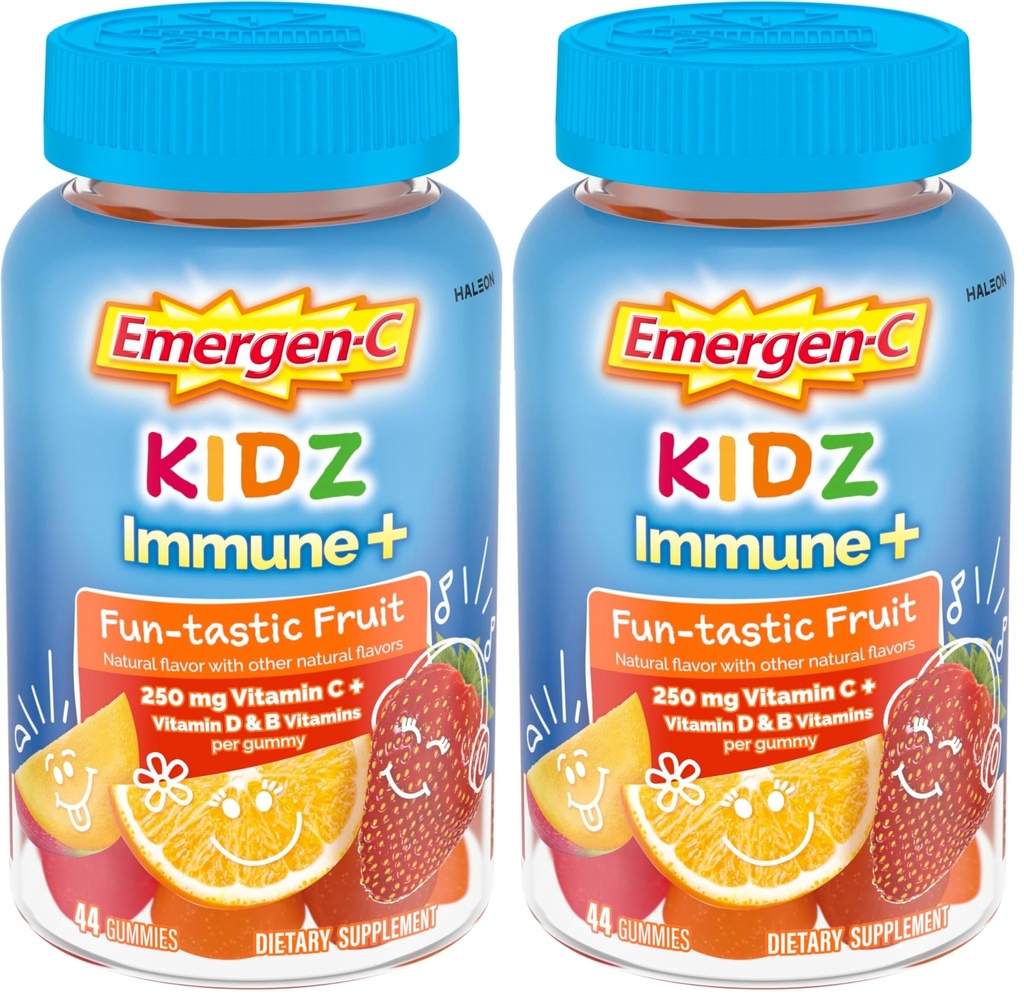 Emergen-C Kidz Vitamin C Immune Support Gummies Fun-Tastic Fruit 44CT Includes Zinc, Manganese, B Vitamins and Vitamin D for Back to School Essentials, (Pack of 2)
