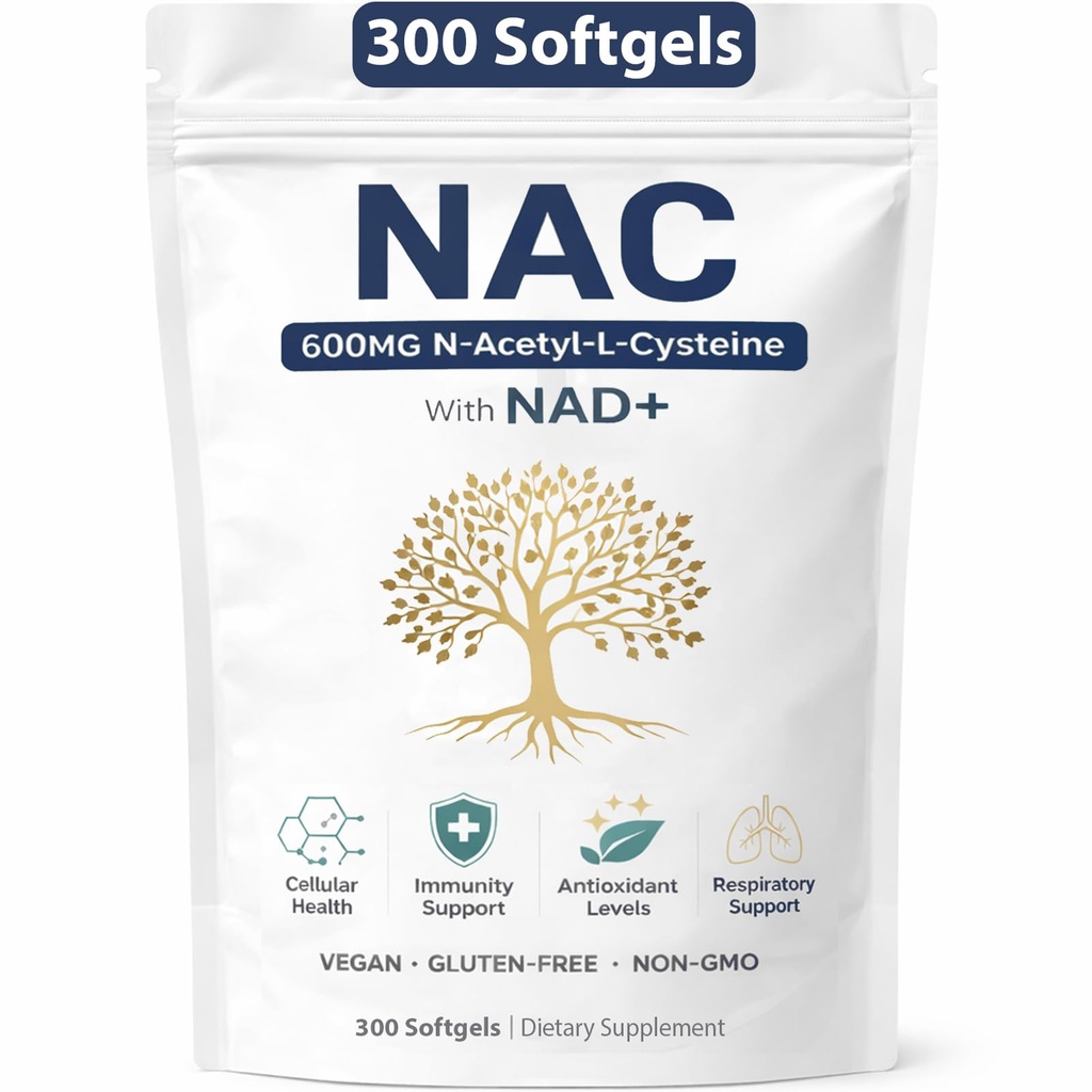 The Standard Lab NAC 600mg & NAD Daily Complex, Organic NAC Supplement N-Acetyl Cysteine Capsules with NAD+ for Cellular & Lung Health, Antioxidant Levels and Immune Support, Non-GMO, 300 Softgels