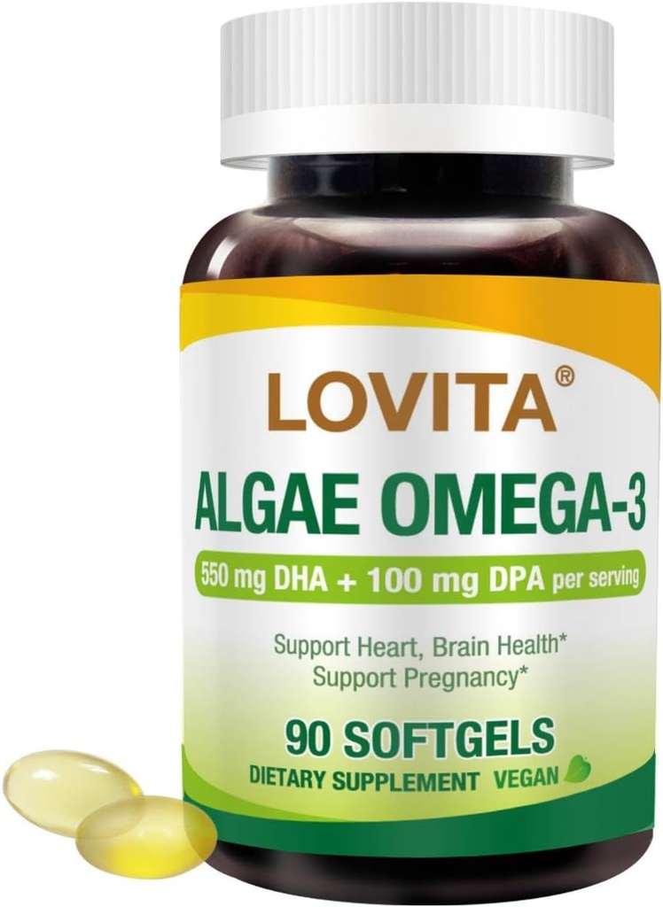 Lovita Algae Omega-3, Vegan και φυτικής προέλευσης DHA & DPA, Fish Oil Εναλλακτική, 1000mg Algae Oil, Υποστήριξη της καρδιάς και την υγεία του εγκεφάλου, Carragen-ελεύθερο, 90 Softgels