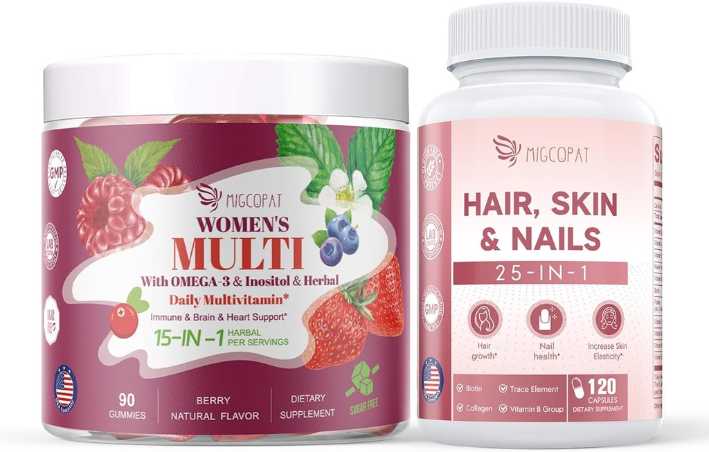 Γυναικεία Multivitamin Gummies & Hair, Skin & Nails συμπλήρωμα Bundle, Brain & Heart Support, Gut & Digestion, Hair Growth, Skin Health, Nail Strength