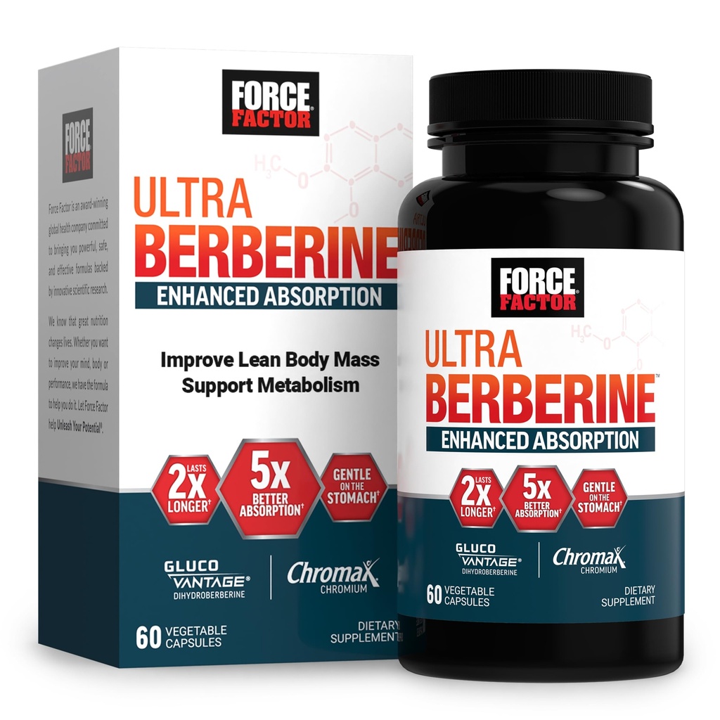 FORCE FACTOR Ultra Berberine, Ceylon Cinnamon, Dihidrberine & Chromium, 5X Abxia, 2X Longer Soning, Lean Body Mass, 60 Sebze Capsules