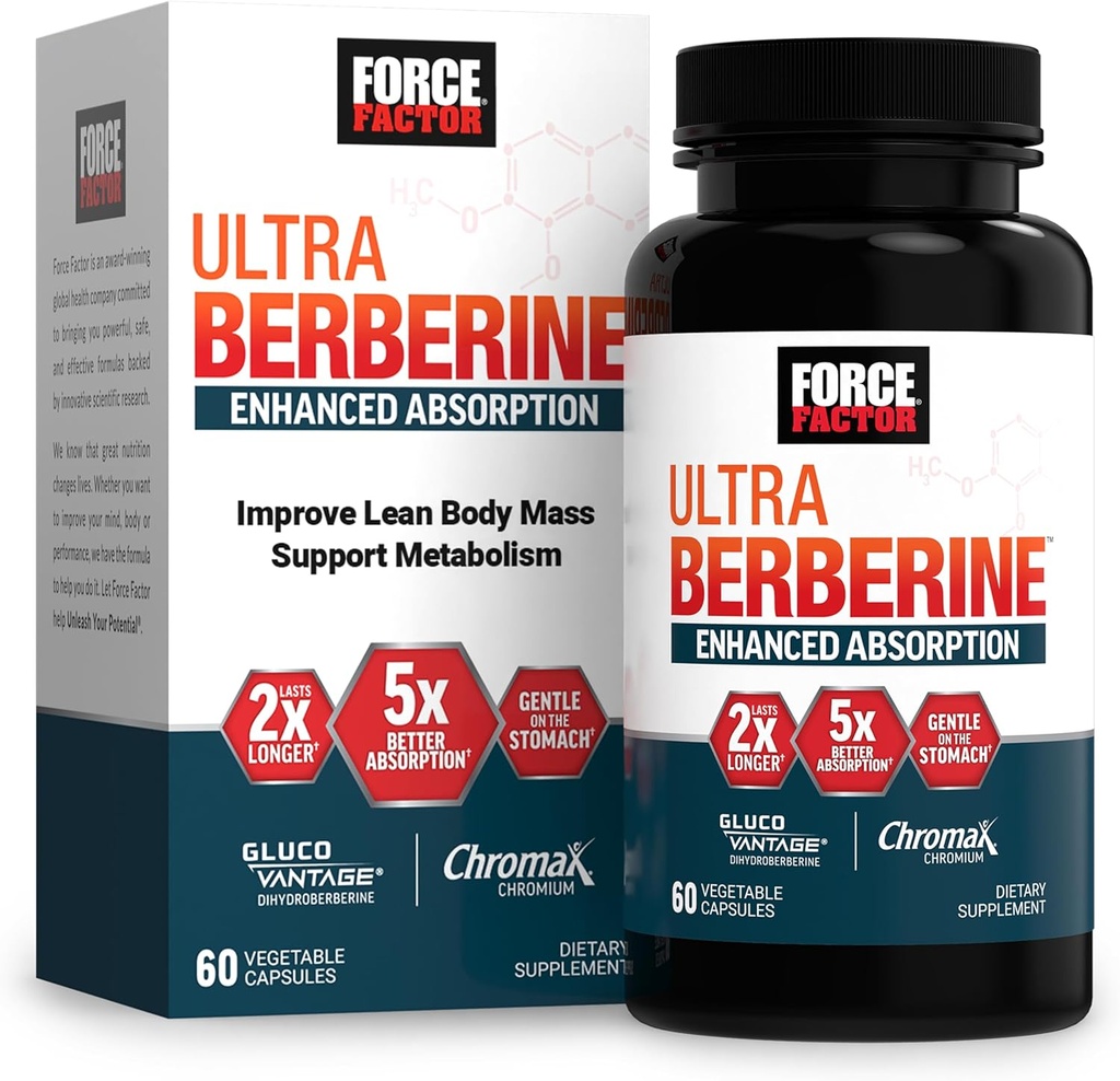 FORCE FACTOR Ultra Berberine, Ceylon Cinnamon, Dihidrberine & Chromium, 5X Abxia, 2X Longer Soning, Lean Body Mass, 60 Sebze Capsules