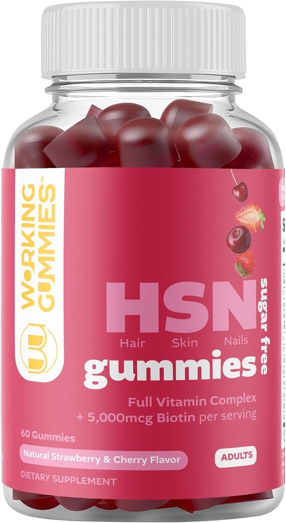 HSN Gummies - Saç Cilt ve Nails Gummies - Sugar Free Biotin Gummies 500006 with Full Vitamin Kompleksi Saç Büyümesi, Sağlıklı Cilt, Nail Güçlü - 60 Ct Strawberry & Cherry Flavor