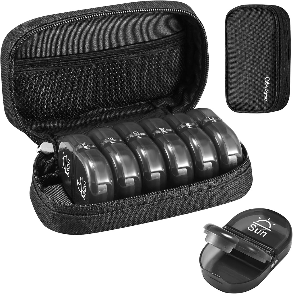 Serfeymi Weekly Travel Pill Organizer 2 φορές A Day AM PM Αναβάθμιση Black Pill Box 7 Ημέρα με Φορητή θήκη Zipper Canvas Pill, Medicine Organizer για χάπια, βιταμίνες, συμπληρώματα, ιχθυέλαια - Μαύρο 01