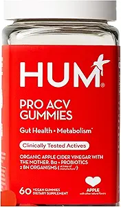HUM Pro Apple Cider Vinegar Gummies with Probiyotiks for Digestive Health & Gut Health,% 100 Organik Apple Cider Vinegar with Mother Gummy Vitamins, Vitamin B12 for Energy Support, 60 ACV Gummies