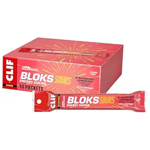 Clif Bloks Sours - Λεμονάδα φράουλα Γεύση με καφεΐνη - Ενεργειακά μάσημα - Μη ΓΤΟ - Με βάση το φυτό - Γρήγορο Καύσιμο για Ποδηλασία και Εκτέλεση - Γρήγορη Υδατάνθρακες και Ηλεκτρόλυτες - 2,12 oz. (18 κόμης)