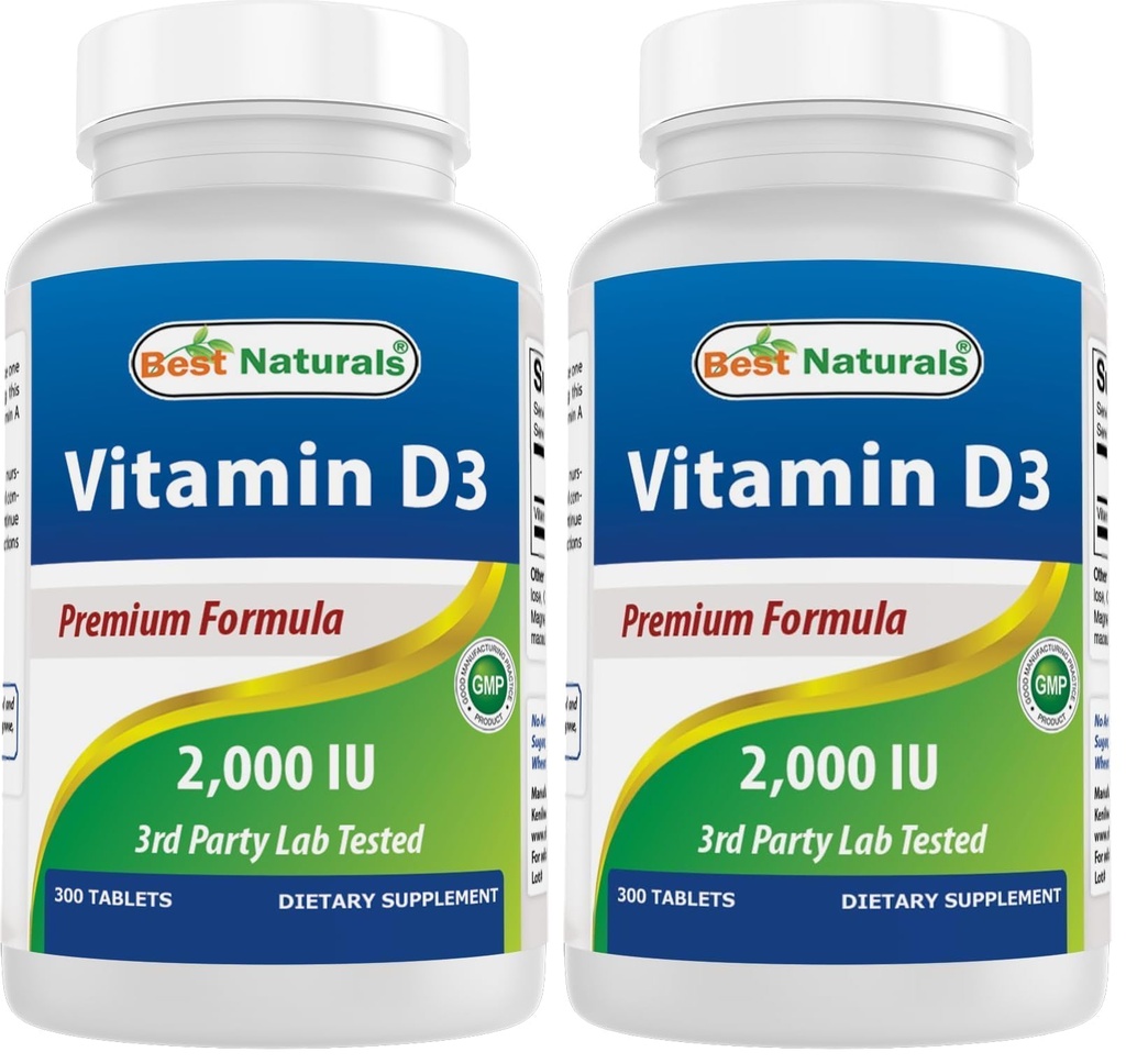 Best Naturals Vitamin D3 2000 IU – 300 Tablets – Made in USA, Non-GMO, Gluten Free, No Artificial Color, Flavor or Preservatives – Dietary Supplement. (Pack of 2)