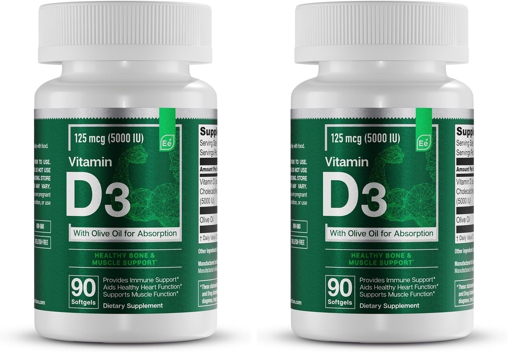 Essential Elements Vitamin D3 5000 IU - Softgels with Olive Oil - Bone, Muscle, & Immune Support - 90 Count (Pack of 2)