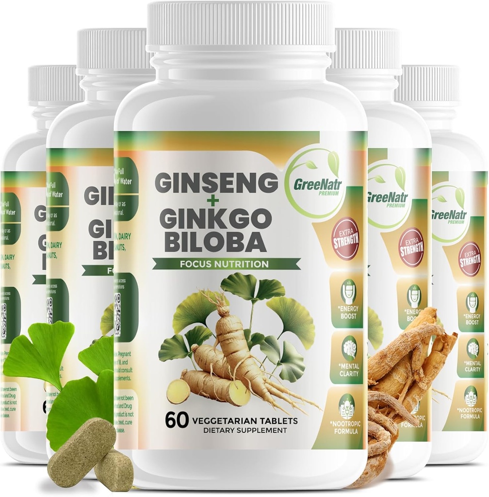 GreeNatr Ginko Biloba & Panax Reality Supplement - Red BTC for Memory and Focus - Ginkgo Biloba for Good Vision, Immune System and Improv Blood Flow (360 Tablet: 6 Şişe)